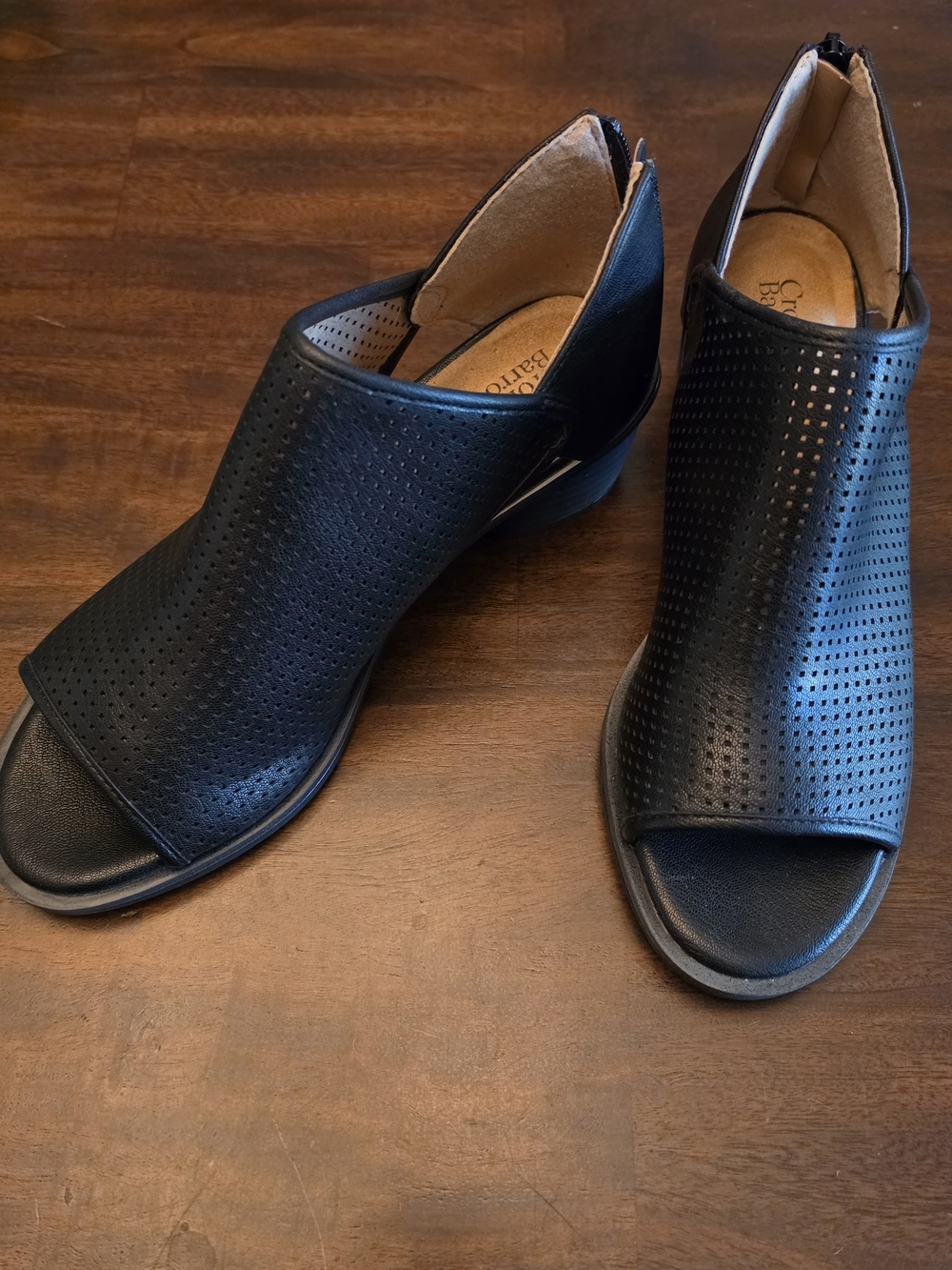 Croft & Barrow Black Perforated Peep Toe Block Heel Booties Sandals NWOT